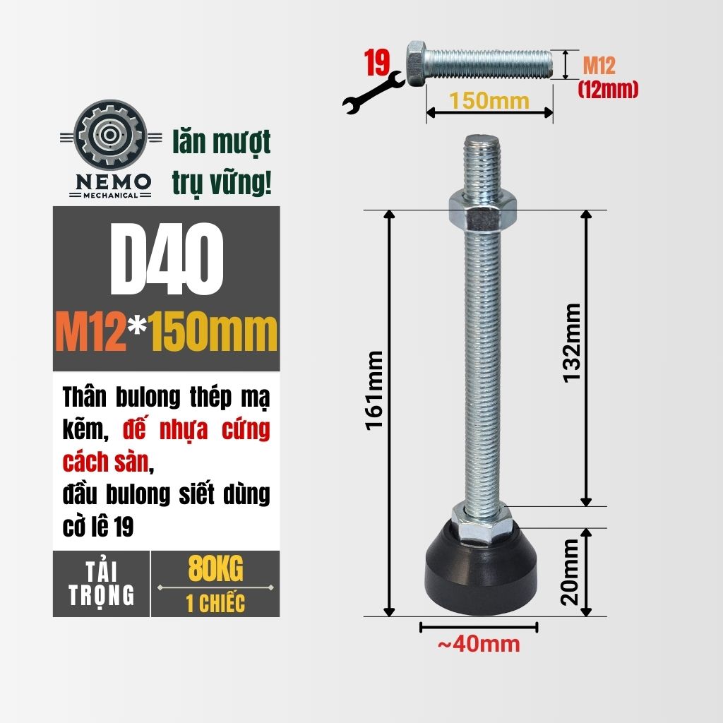 Chân Tăng Chỉnh Đế Nhựa Cứng – Giải Pháp Cân Bằng & Chống Rung (M10, M12, M16)